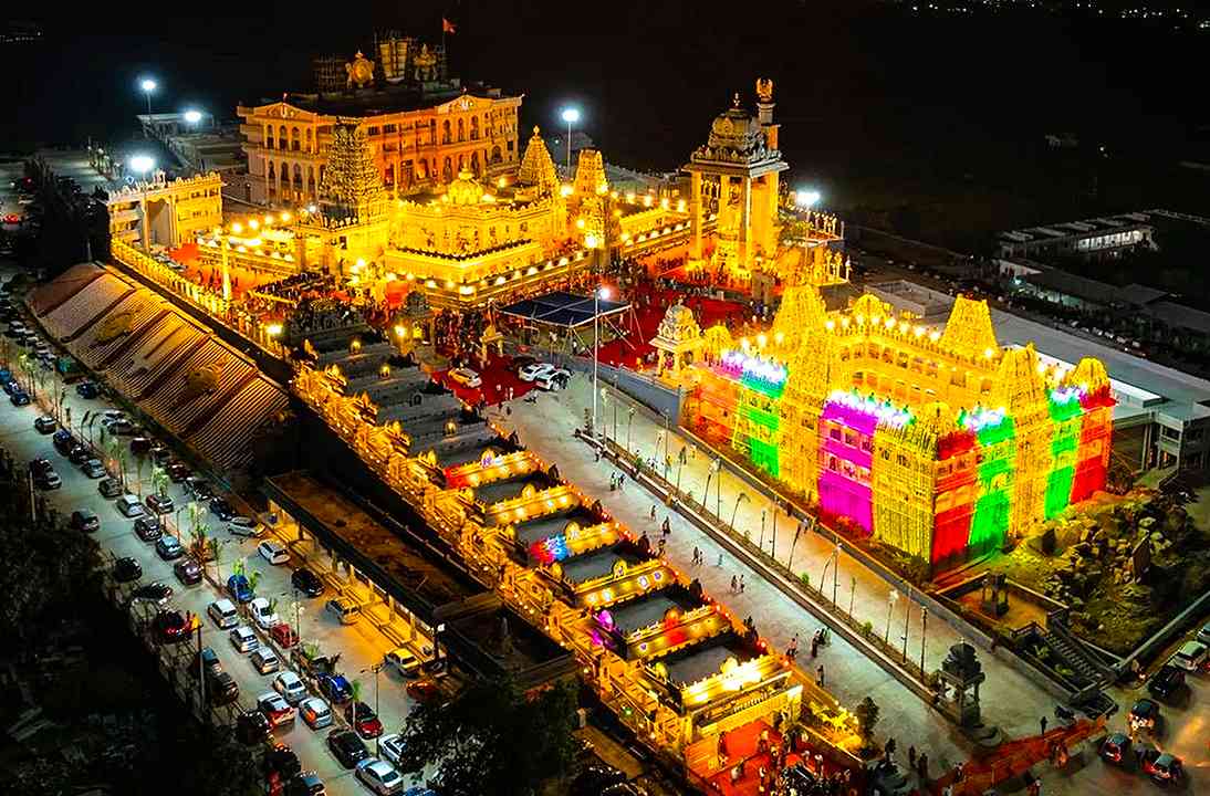 Swarnagiri Temple night view near Go Ranch Resort – famous temple near Yadagirigutta, Telangana